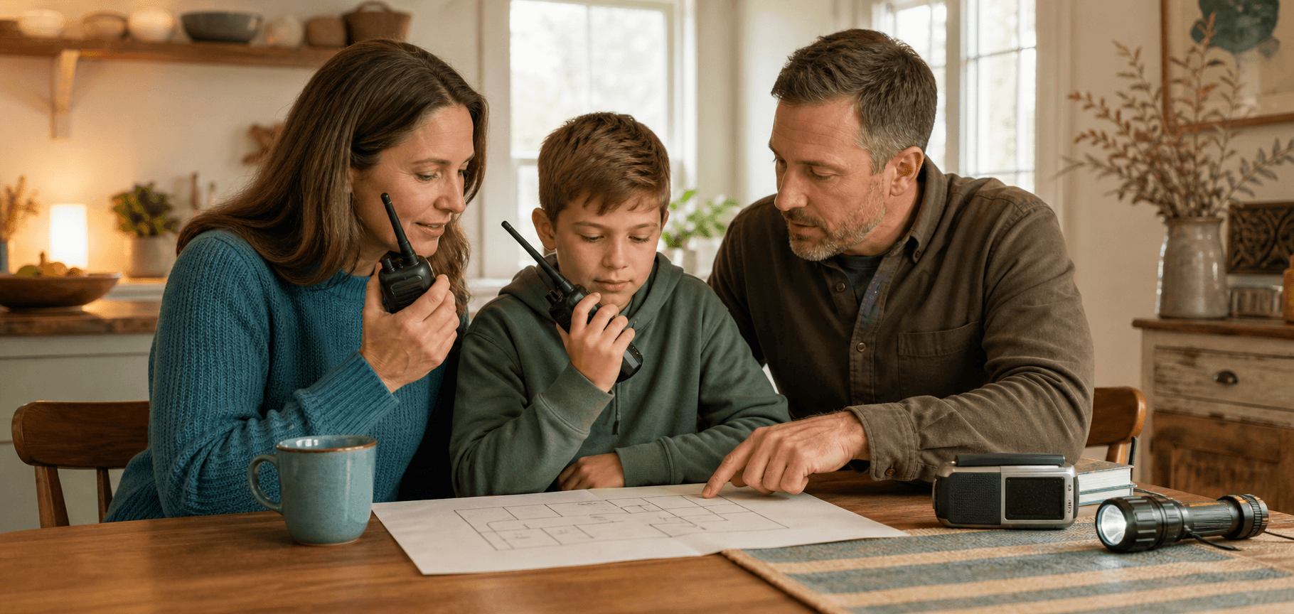 A family practicing with handheld radios and a household communication plan