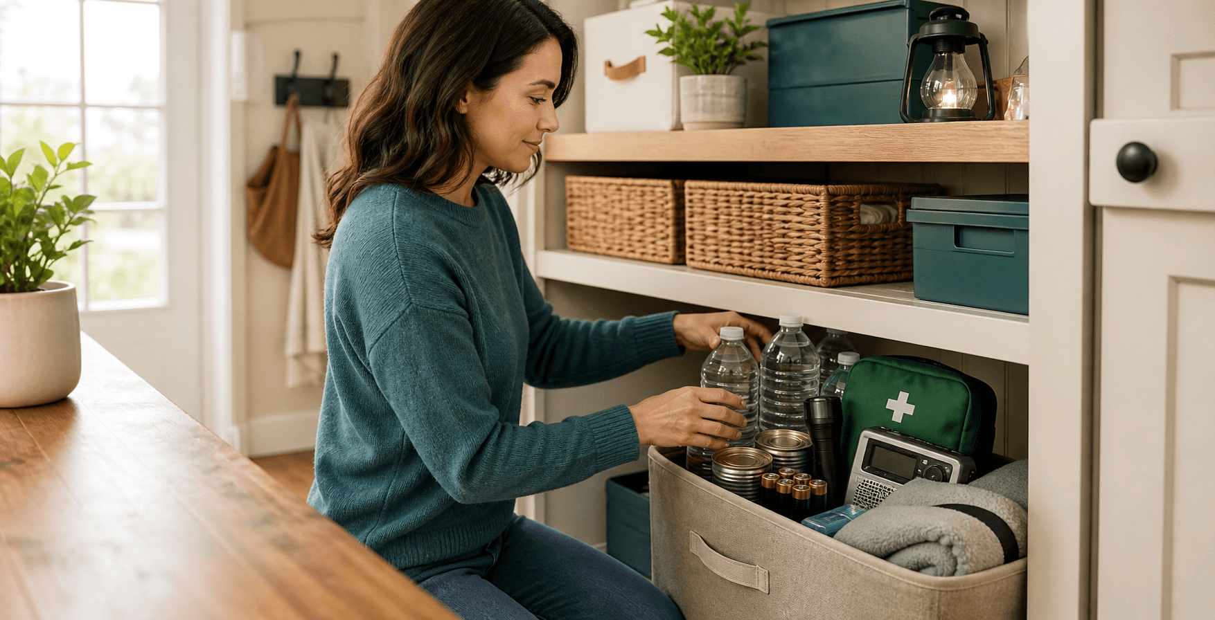 A homeowner organizing practical preparedness supplies on pantry shelves