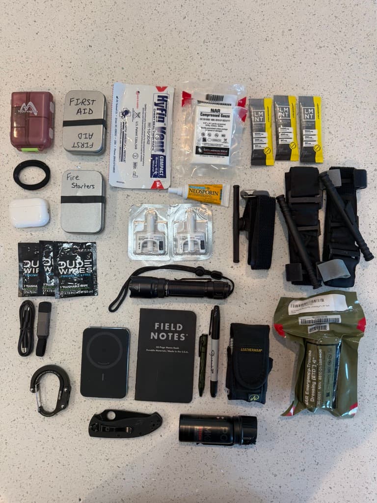 A complete practical kit arranged on a light countertop